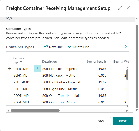 Container Types step showing the pre-populated ISO container types list